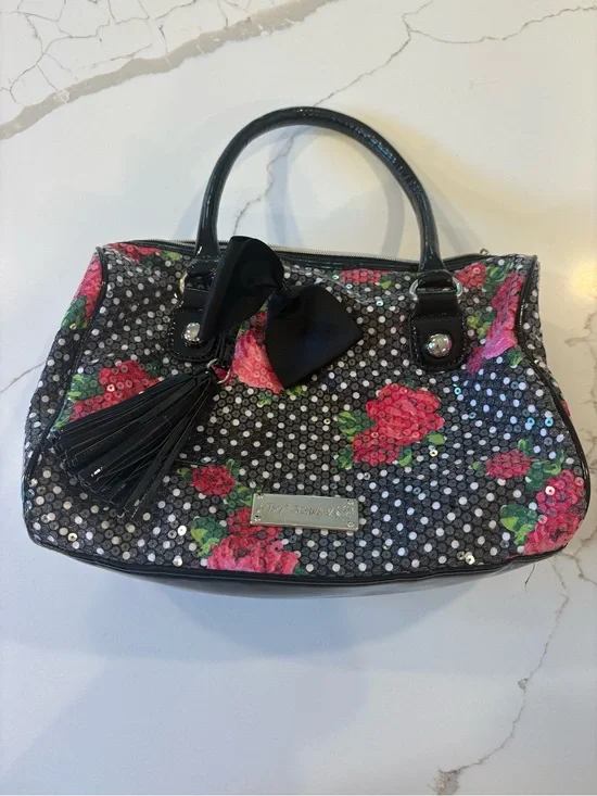 Betsey Johnson Black Sequin Satchel with Pink Rose Embroidery