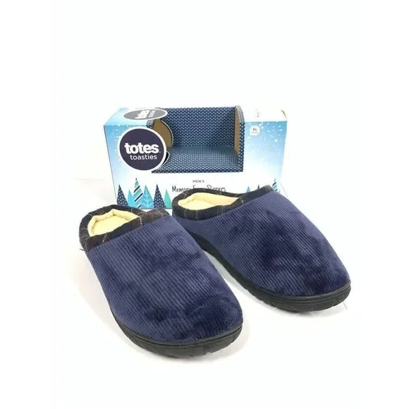 Totes Toasties Memory Foam Navy & Plaid Corduroy Slippers Men Size 11-12 XL NIB