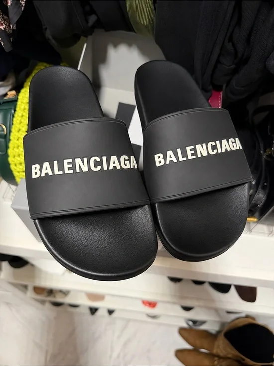 Balenciaga Black Slide Sandals with White Logo