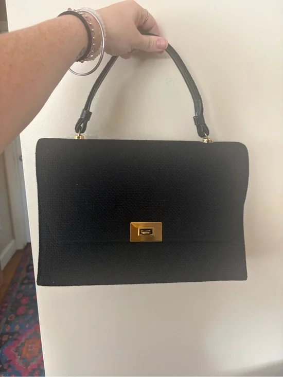 Vintage 1960s large Classic Black Top-Handle Women’s Bag with Gold Hardware
