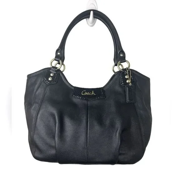 Coach Blk Leather Ashley Satchel w/Pleat Detail Embossed Accents Gold Fittings