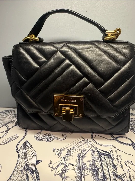 Michael Kors Quilted Black Leather Satchel with Gold Hardware
