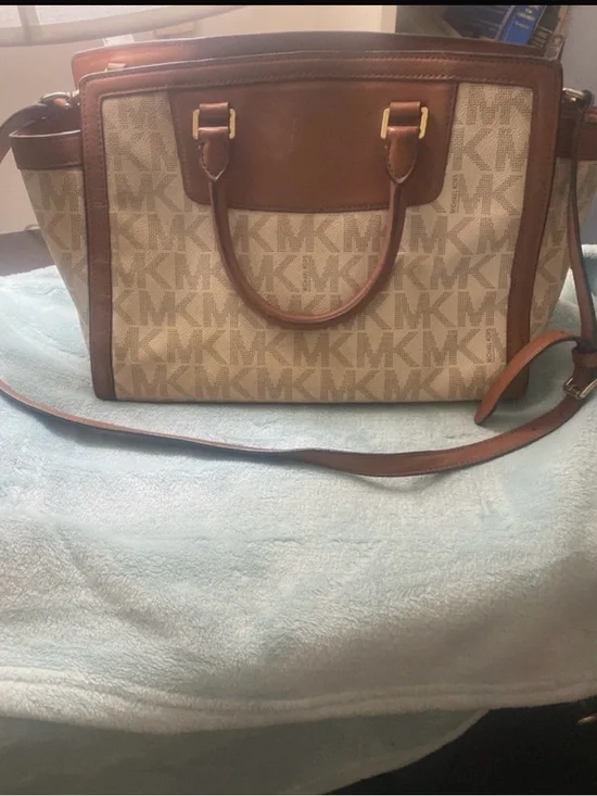Michael Kors Beige Canvas and Brown Leather Satchel