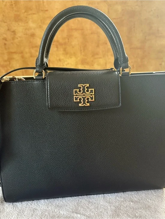 Tory Burch Britten Tote Black Leather Top-Handle with Gold Logo