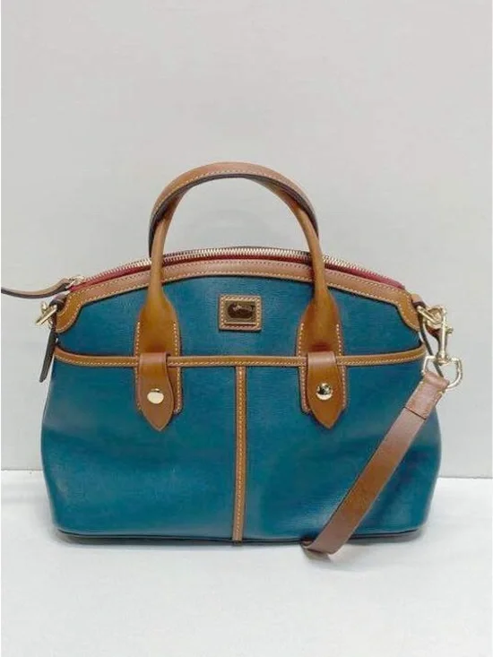 Dooney & Bourke Teal Canvas Leather Satchel with Brown Trim and Gold Hardware