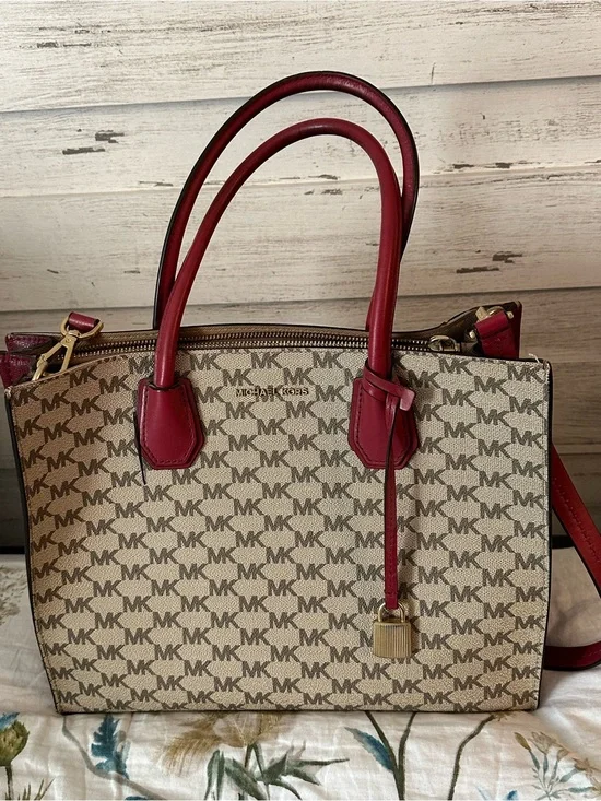 Michael Kors Beige MK Logo Satchel with Red Trim