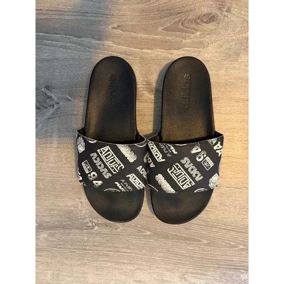 Adidas Adilette Comfort Slides Black White Graphic Print Men 8