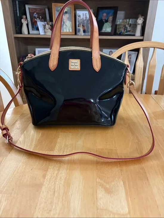 Dooney & Bourke Black Patent Satchel with Tan Handles
