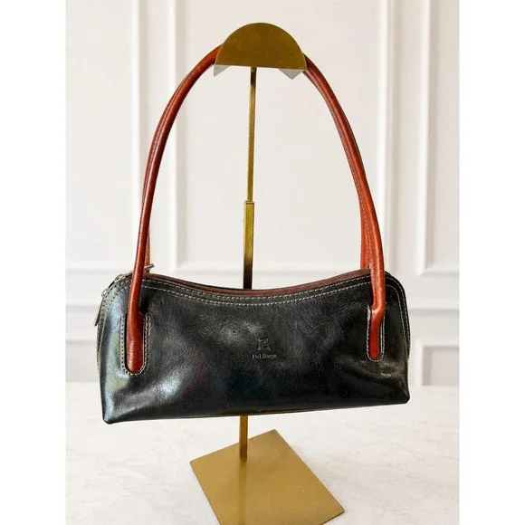 Del Borgo Vintage Black Italian Leather Baguette Handbag Cognac Handles MINT
