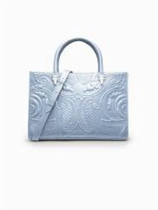 NWT Okhtein Egyptian Luxury Embossed Light Blue Leather Tote Bag w strap