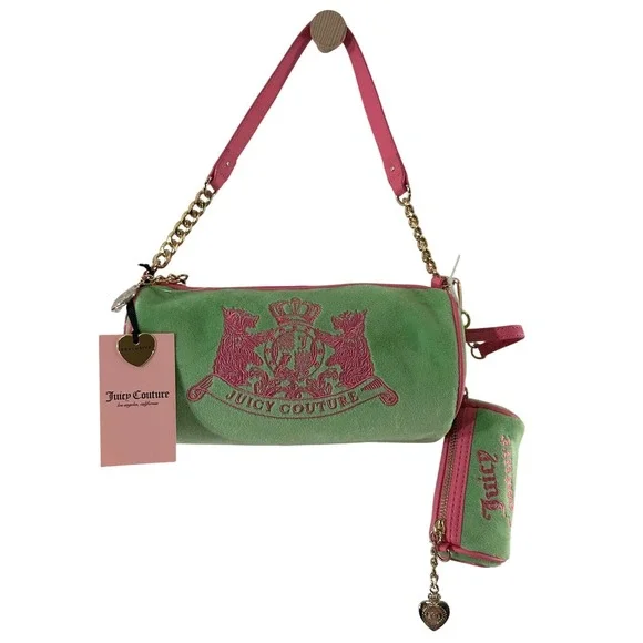 Juicy Couture Retro Green Pink Velour Scottie Dogs Barrel Satchel Bag NWT