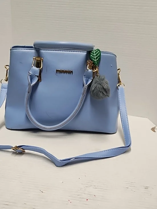 Light Blue Women's Satchel Handbag with Pom Charm