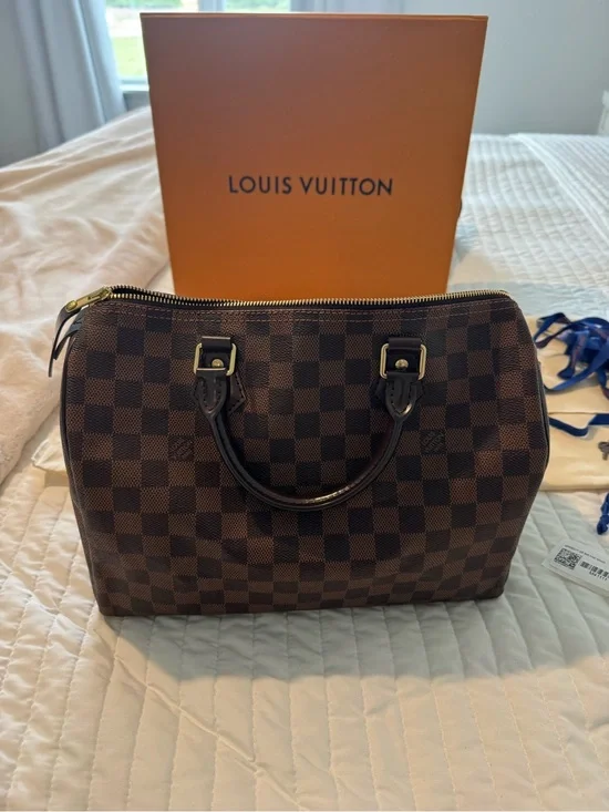 Louis Vuitton Brown Damier Ebene Satchel with Gold-Tone Hardware