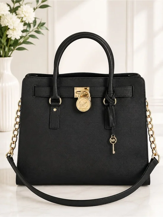 Michael Kors Hamilton Black Saffiano Leather Satchel Tote Lock Key crossbody