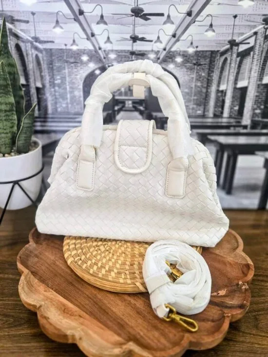 White Woven Intrecciato Style Satchel & Crossbody Bag, NEW