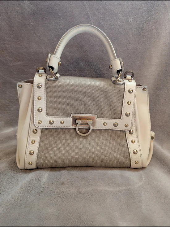 Salvatore Ferragamo Cream & Beige Stud-Trim Top-Handle Satchel