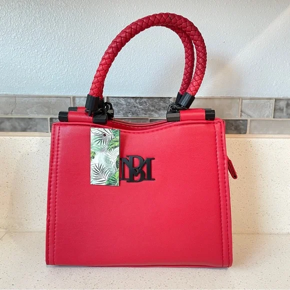 NEW Badgley Mischka‎ Red Vegan Leather Braided Handle Satchel Crossbody Bag
