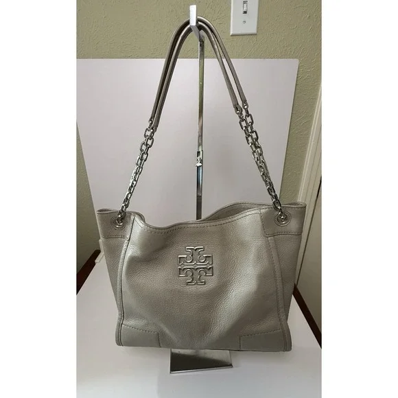Tory Burch French Gray Pebbled Leather Chain Strap Shoulder Bag Tote