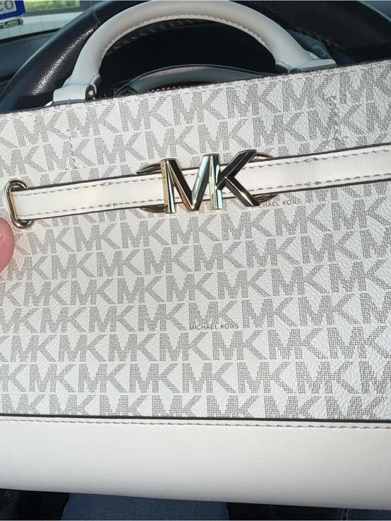Michael Kors White Logo-Print Satchel with Gold MK Accent