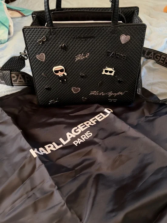 Karl Lagerfeld Black Embellished Satchel with Logo Strap