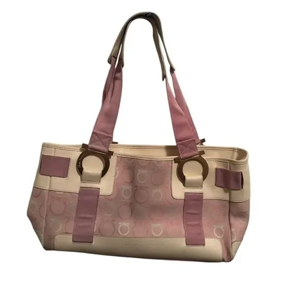 Ferragamo White Leather & Pink Gancini Satchel, Vintage