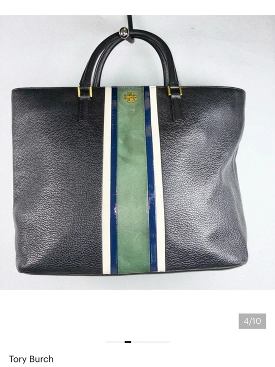 Tory Burch Black Pebbled Leather Tote with Green, Navy & White Stripes