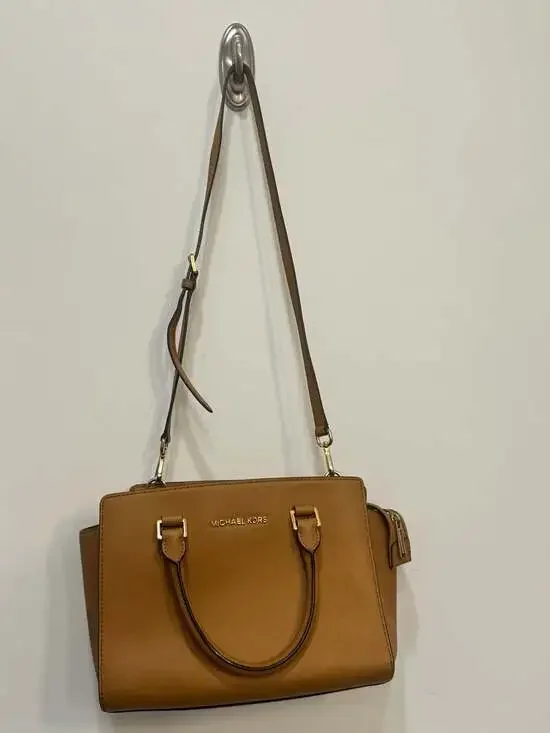 Michael Kors Saffiano Leather Satchel Cognac Brown Top Handle Crossbody