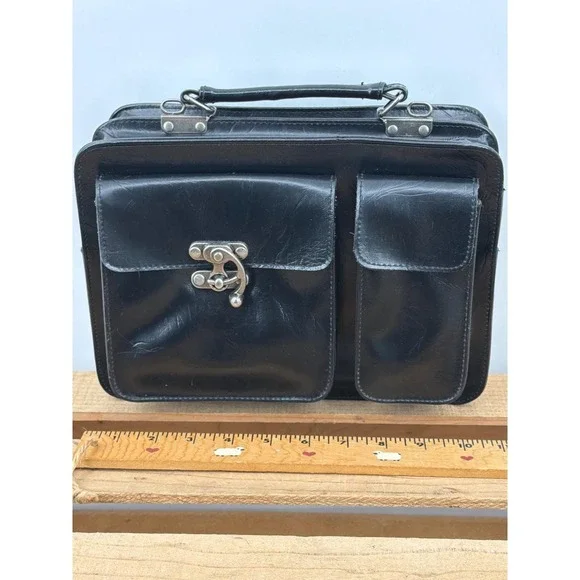 Vtg Black Faux Leather Multi Compartment Bag Handle Satchel No‎ Shoulder Strap