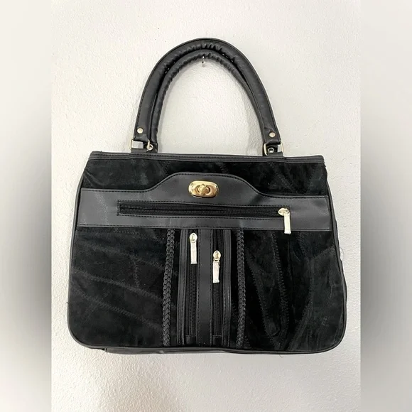 NWOT Black Suede unbranded 3 pocket handbag with stitch work