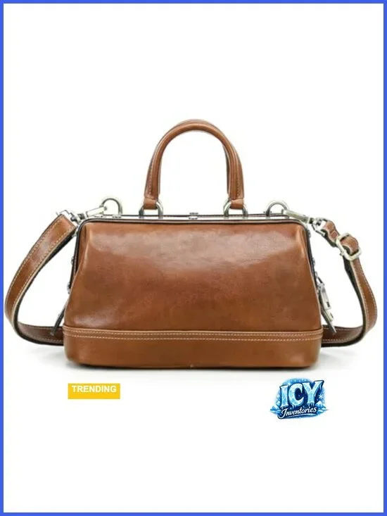 Vintage Doctor Bag Purse Women Leather Top Handle Shoulder Handbag Metal Frame