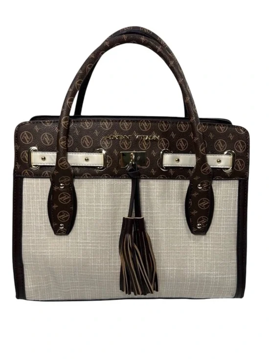 Adrienne Vittadini Brown Vegan Leather and Cream Linen Medium  Handbag