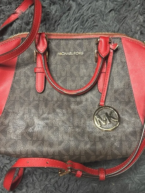 Michael Kors Brown Signature Satchel with Red Trim and Gold Hardware