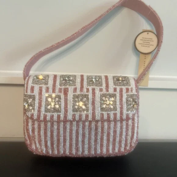 NEW-Handcrafted In India Beaded Shoulder Bag Pink White Stripes Rhinestones