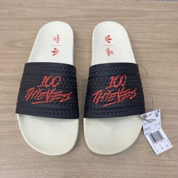 100 Thieves X Adidas‎ Adilette Slides Men's Size 12 Sandals Black Red JR9125 NEW