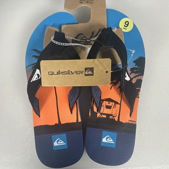Quiksilver Men's Size 9 Flip Flop Sandals Blue Black Orange Logo Beach Surf