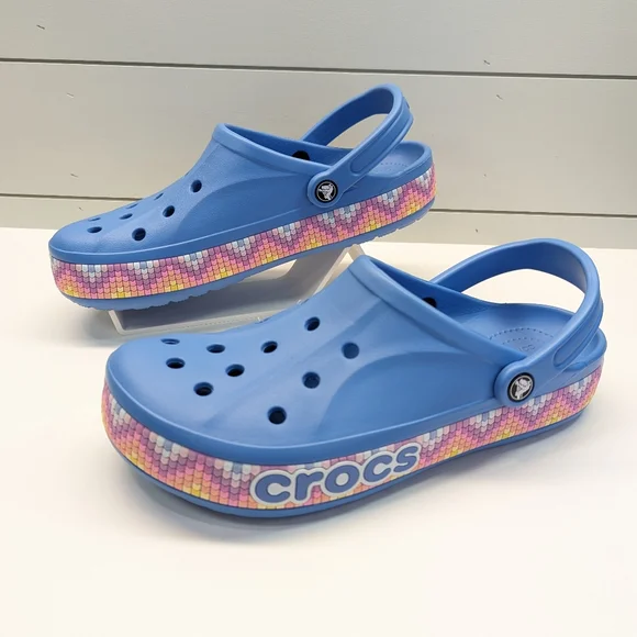 Crocs Bayaband Chevron Band Clogs Blue Multicolor swirl trim Sandals Men's 11