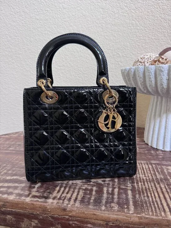 Christian Dior Lady Dior Black Patent Leather Cannage ZipTop Bag Authentic + COA