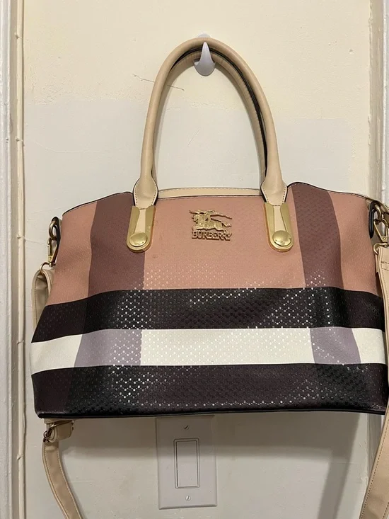 Stunning Beige & Pink Check Top-Handle Tote