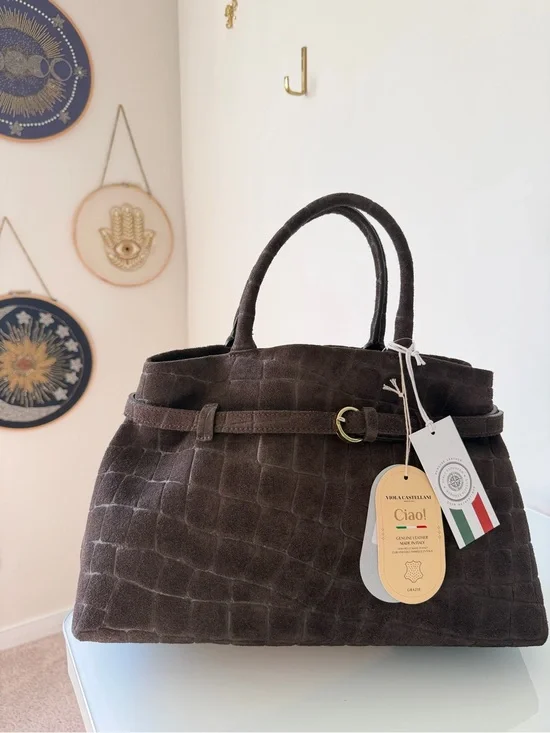 Dark Brown Suede crocodile embossed satchel Bag with gold Buckle and strap