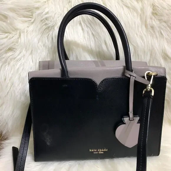 KATE SPADE Black Crossgrain Leather w/Gray Trim SPENCER Satchel XBody
