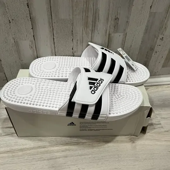 New! Adidas Adissage White Black 3 Stripe Slides Sandals Sports Mens Size 18