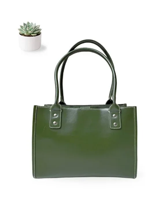 Wilsons Leather Green Structured Satchel Tote Handbag Silver Hardware Purse