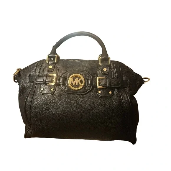 Michael Kors Bedford Black Pebbled Leather Satchel Gold Hardware Handbag