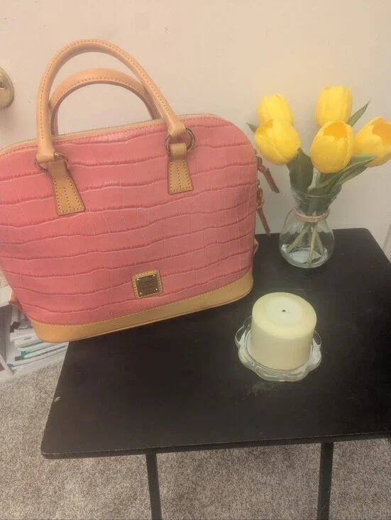 Dooney & Bourke Pink Croc-Embossed Satchel with Tan Trim and Handles