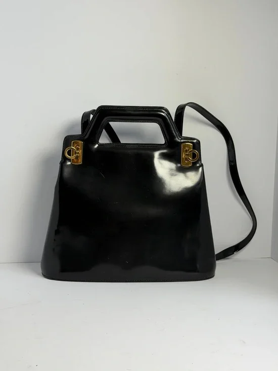 Salvatore Ferragamo Wanda Glossy Black Patent Leather Top Handle Bag