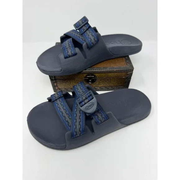 Chaco Chillos Slide Sandals Mens 8 Navy Blue Grey Adjustable Strap Sport Shoes