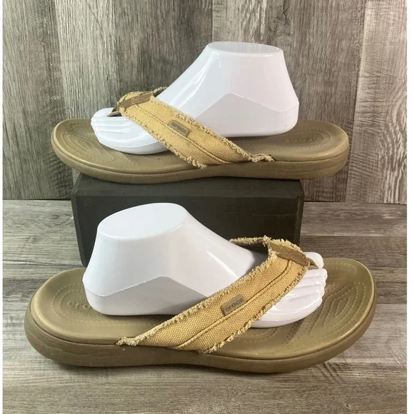 Crocs Santa Cruz Flip Flop Mens 13 Khaki Tan Canvas Frayed Dual Comfort Sandals