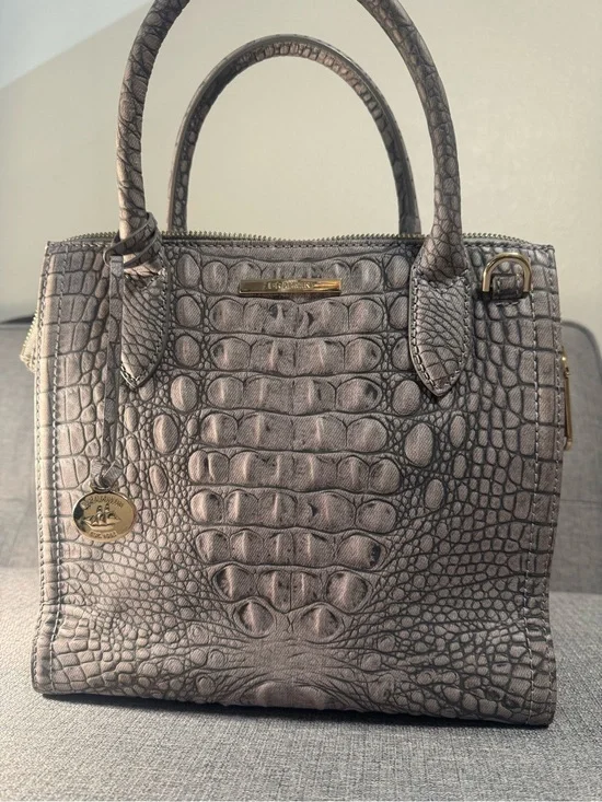 Brahmin Medium Metallic Gray Croc-Embossed  Satchel