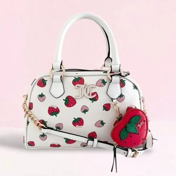 Juicy Couture White Sweet n Juicy LARGE Bowler Bag Satchel Strawberry Coin Purse