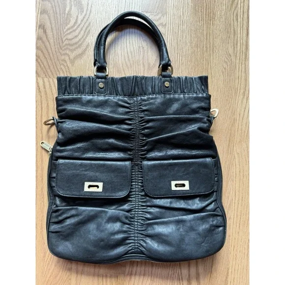 Alexis Hudson Black Leather Ruched Tote‎ Satchel Bag Gold Hardware READ